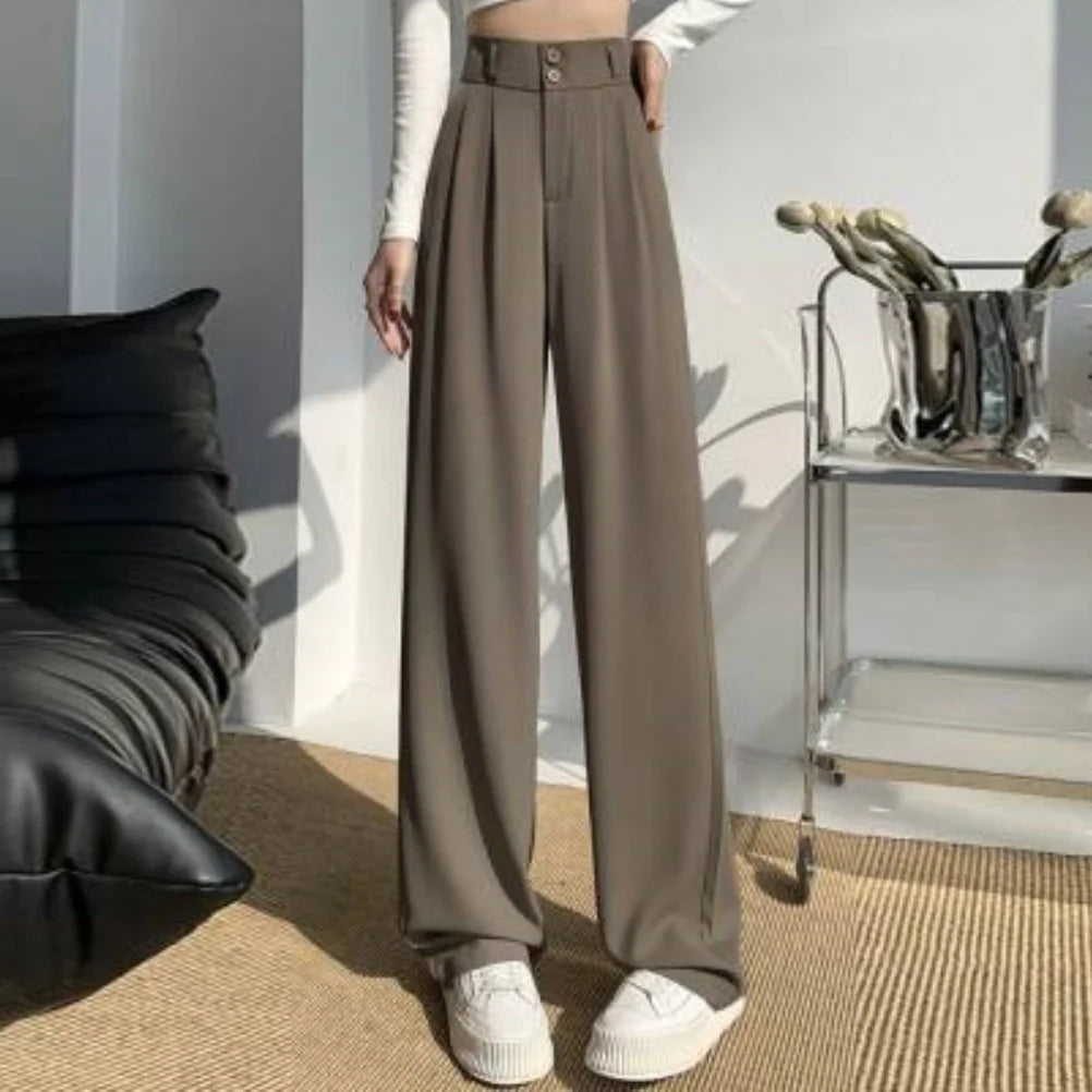 Formal Ladies' Trousers Fashion High Waist Pleated Zipped Button Office Leisure Women's Loose Spring Elegant Straight Suit Pants