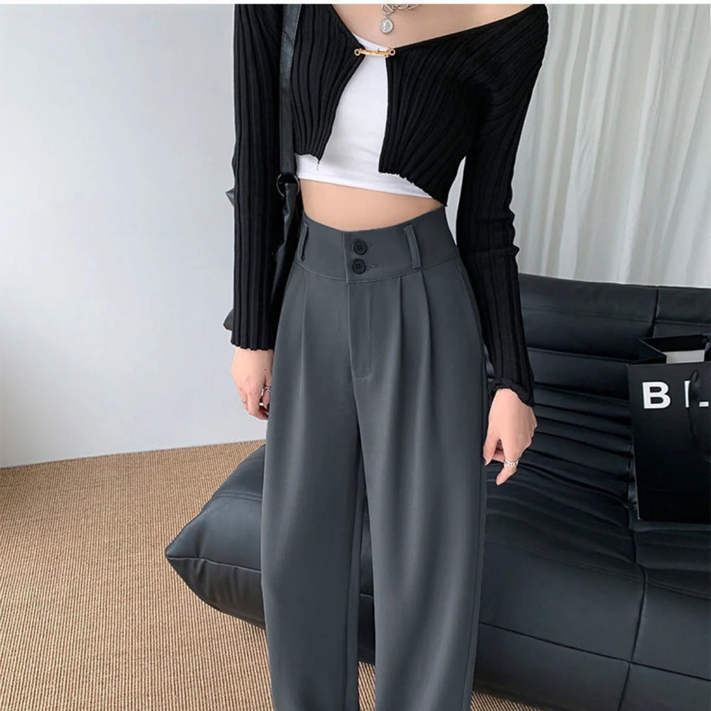 Formal Ladies' Trousers Fashion High Waist Pleated Zipped Button Office Leisure Women's Loose Spring Elegant Straight Suit Pants