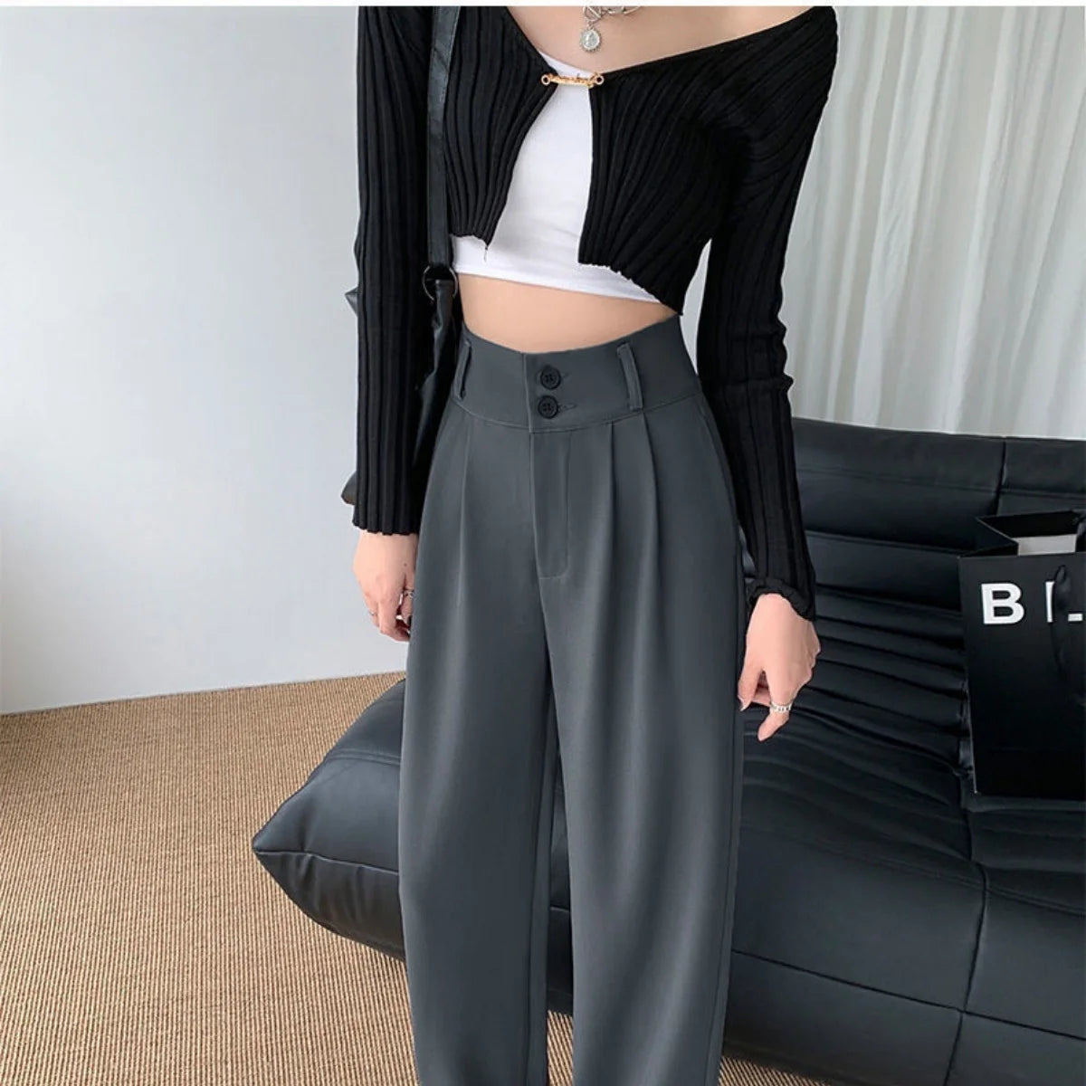 Formal Ladies' Trousers Fashion High Waist Pleated Zipped Button Office Leisure Women's Loose Spring Elegant Straight Suit Pants