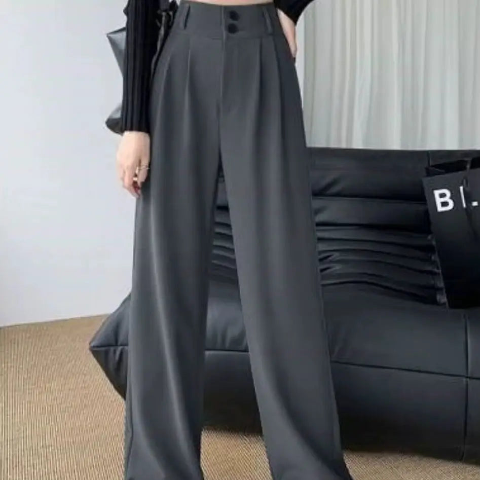 Formal Ladies' Trousers Fashion High Waist Pleated Zipped Button Office Leisure Women's Loose Spring Elegant Straight Suit Pants