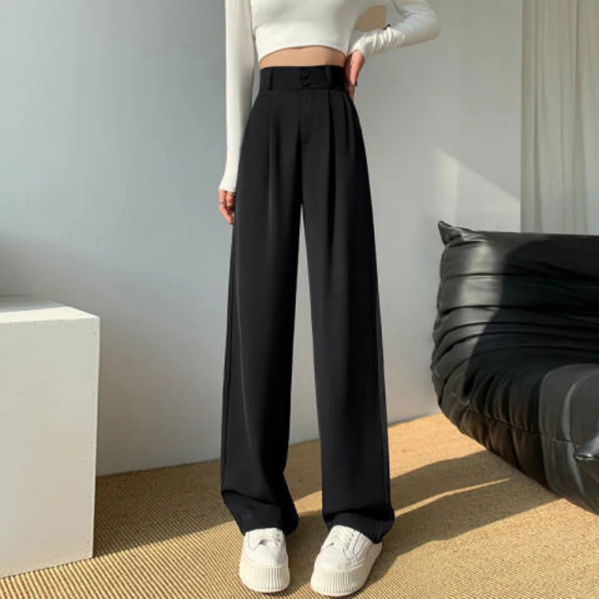 Formal Ladies' Trousers Fashion High Waist Pleated Zipped Button Office Leisure Women's Loose Spring Elegant Straight Suit Pants