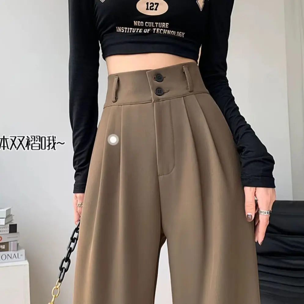Formal Ladies' Trousers Fashion High Waist Pleated Zipped Button Office Leisure Women's Loose Spring Elegant Straight Suit Pants