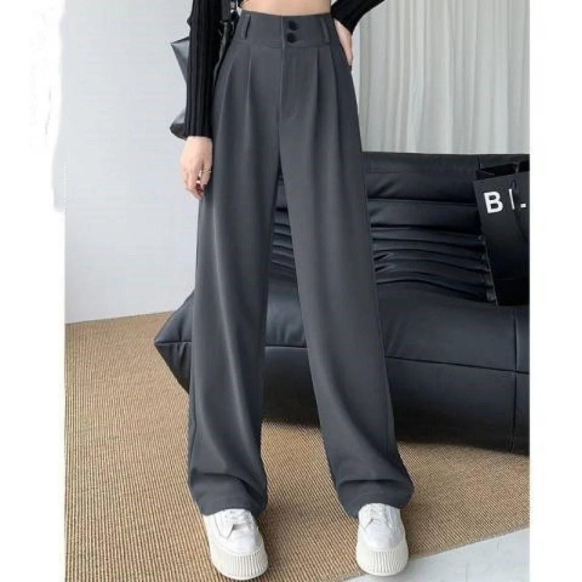 Formal Ladies' Trousers Fashion High Waist Pleated Zipped Button Office Leisure Women's Loose Spring Elegant Straight Suit Pants