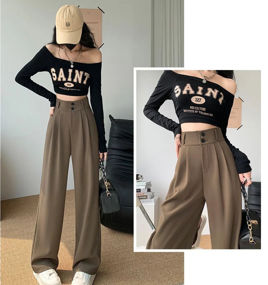 Formal Ladies' Trousers Fashion High Waist Pleated Zipped Button Office Leisure Women's Loose Spring Elegant Straight Suit Pants