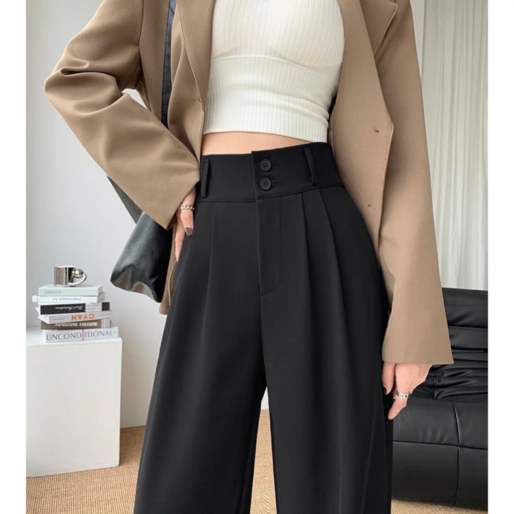 Formal Ladies' Trousers Fashion High Waist Pleated Zipped Button Office Leisure Women's Loose Spring Elegant Straight Suit Pants