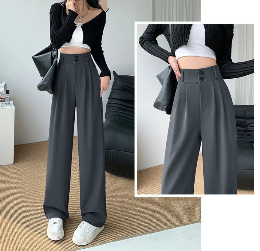 Formal Ladies' Trousers Fashion High Waist Pleated Zipped Button Office Leisure Women's Loose Spring Elegant Straight Suit Pants