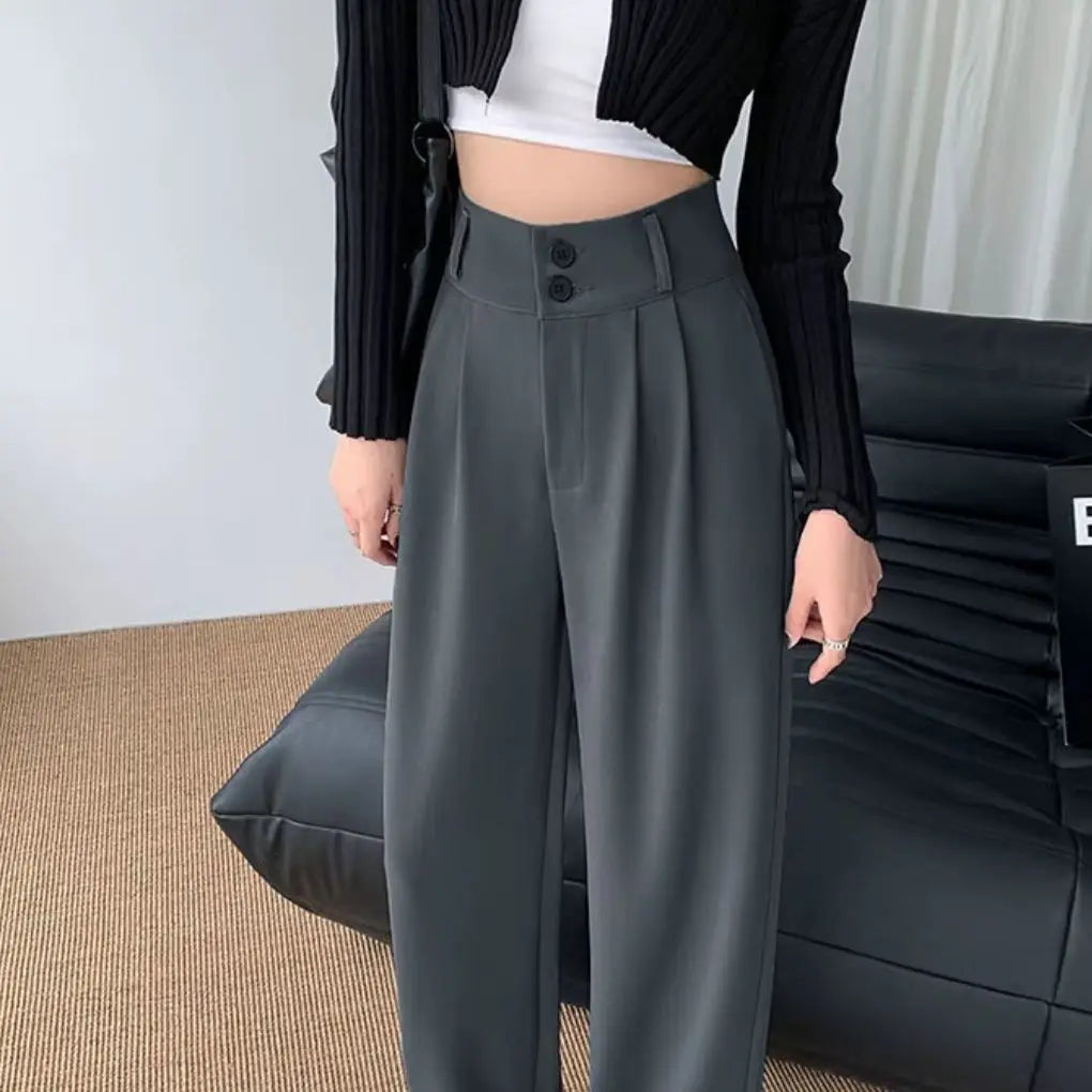 Formal Ladies' Trousers Fashion High Waist Pleated Zipped Button Office Leisure Women's Loose Spring Elegant Straight Suit Pants