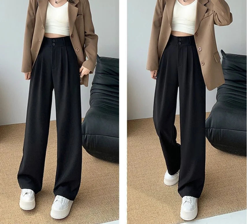 Formal Ladies' Trousers Fashion High Waist Pleated Zipped Button Office Leisure Women's Loose Spring Elegant Straight Suit Pants