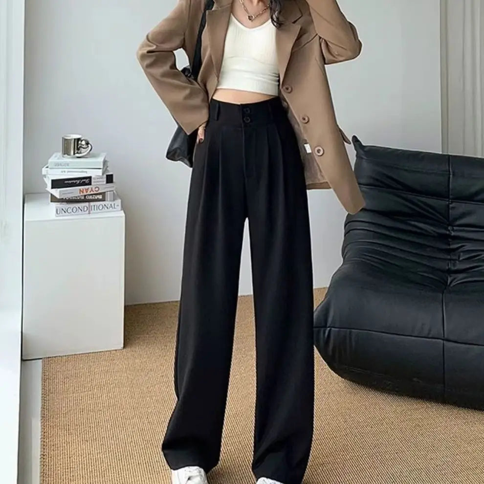 Formal Ladies' Trousers Fashion High Waist Pleated Zipped Button Office Leisure Women's Loose Spring Elegant Straight Suit Pants