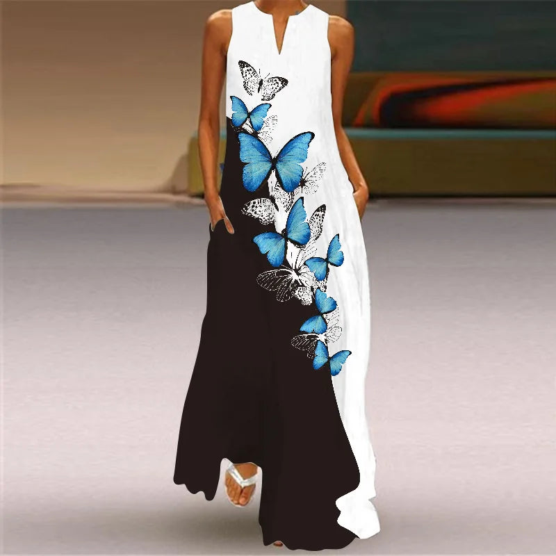 Elegant Sleeveless Women Dress Summer Vintage Print Loose Long Maxi Dresses Lady V Neck Pocket Sundress Femme Vestido Plus Size