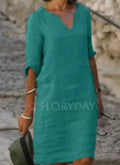 Vintage Women Solid Mini Dress Summer Fashion V-neck Three Quater Sleeve Cotton Linen Dress Ladies Casual Holiday Vestidos