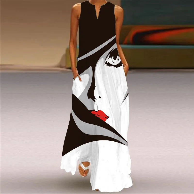 Elegant Sleeveless Women Dress Summer Vintage Print Loose Long Maxi Dresses Lady V Neck Pocket Sundress Femme Vestido Plus Size