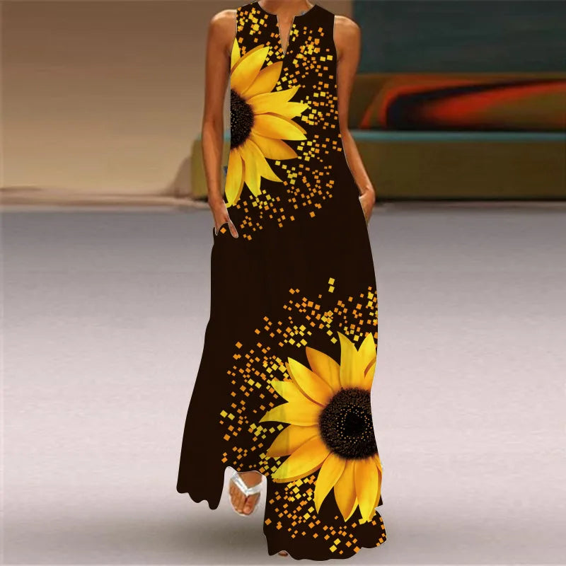 Elegant Sleeveless Women Dress Summer Vintage Print Loose Long Maxi Dresses Lady V Neck Pocket Sundress Femme Vestido Plus Size