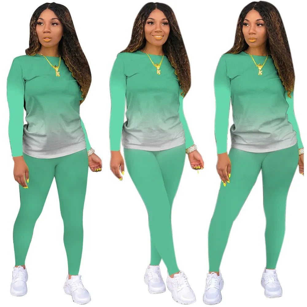 2025 Women's Casual Two-Piece Suit, Gradual Change Long Sleeved Trousers Sports Trend