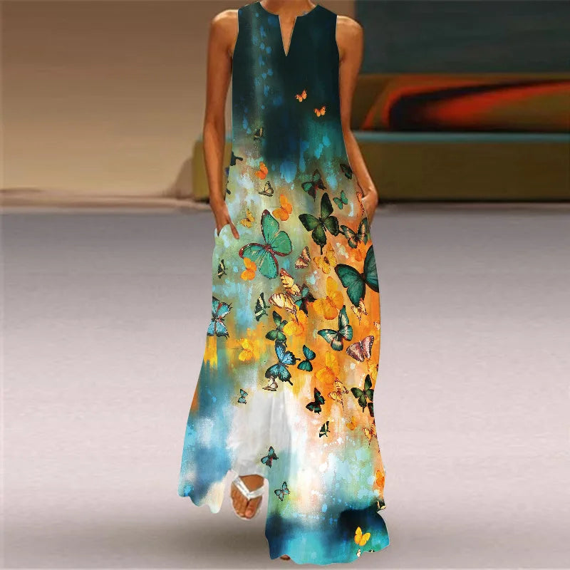Elegant Sleeveless Women Dress Summer Vintage Print Loose Long Maxi Dresses Lady V Neck Pocket Sundress Femme Vestido Plus Size