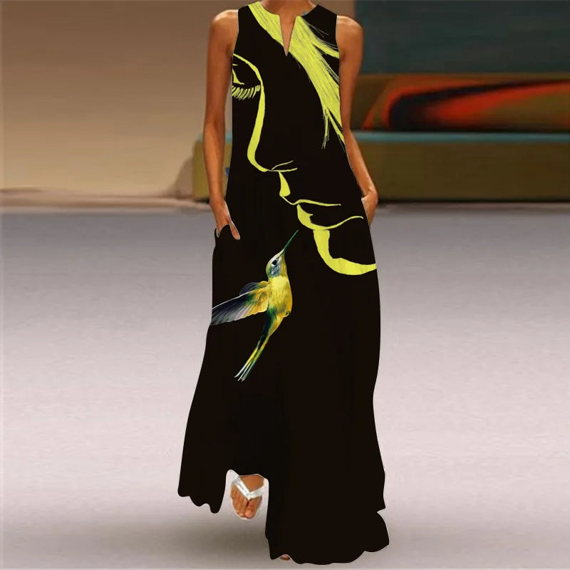 Elegant Sleeveless Women Dress Summer Vintage Print Loose Long Maxi Dresses Lady V Neck Pocket Sundress Femme Vestido Plus Size