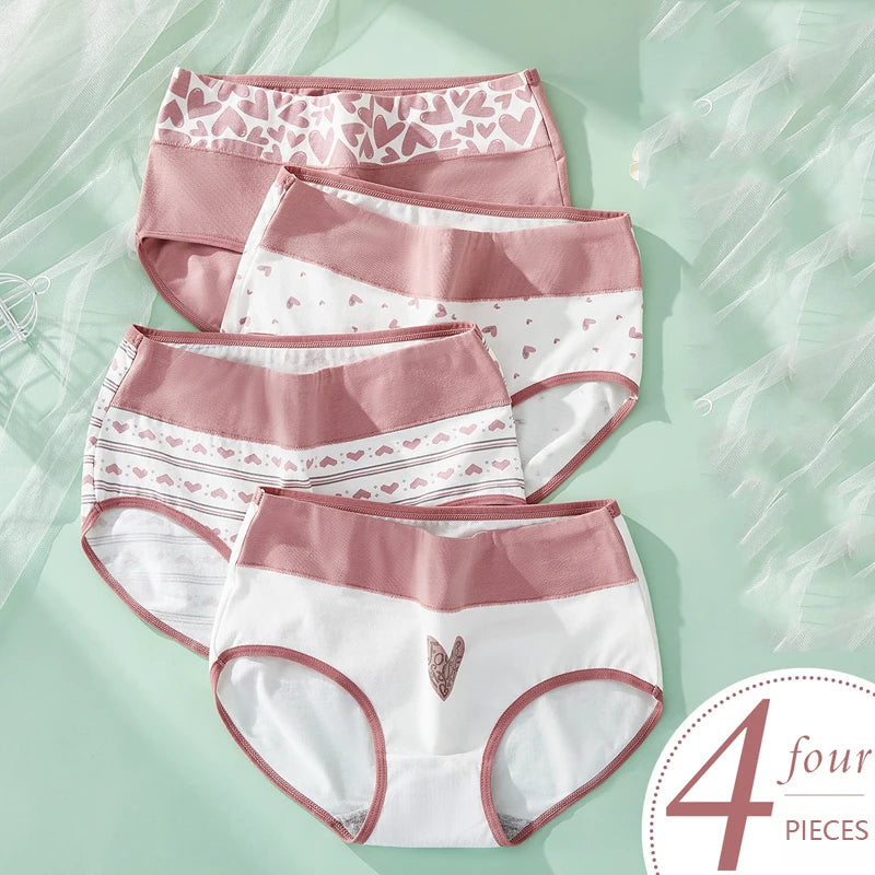 4Pcs/Set Women's Cotton Panties High Waist Printed Slim Briefs Breathable Underwear Soft Pantys Plus Size Sexy Ladies Lingerie
