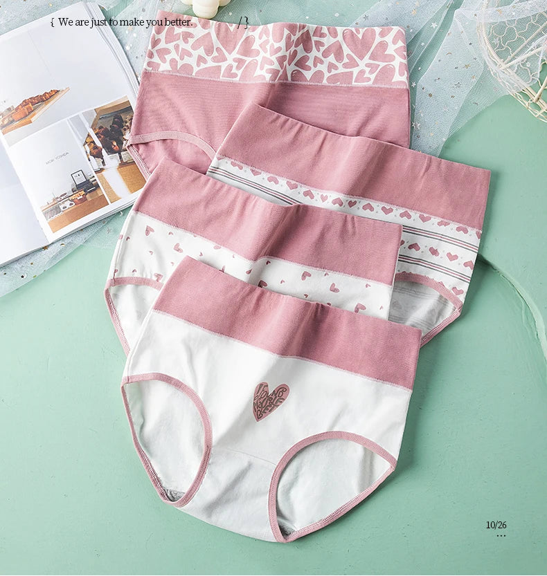 4Pcs/Set Women's Cotton Panties High Waist Printed Slim Briefs Breathable Underwear Soft Pantys Plus Size Sexy Ladies Lingerie
