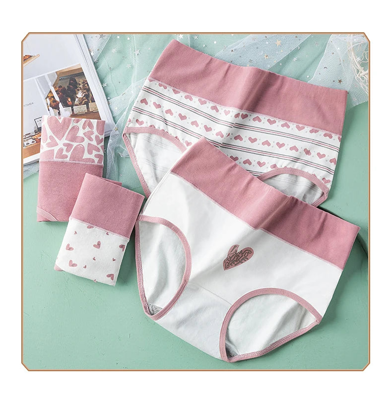 4Pcs/Set Women's Cotton Panties High Waist Printed Slim Briefs Breathable Underwear Soft Pantys Plus Size Sexy Ladies Lingerie