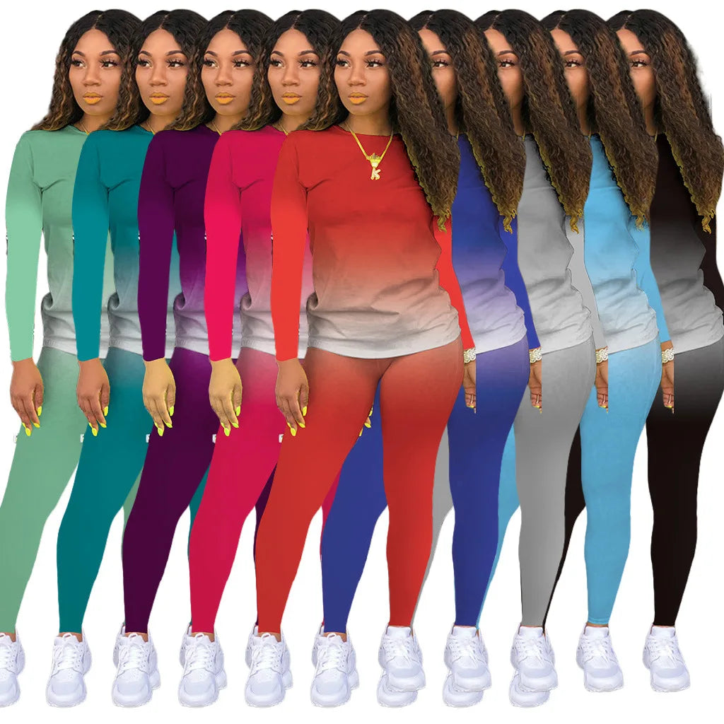 2025 Women's Casual Two-Piece Suit, Gradual Change Long Sleeved Trousers Sports Trend