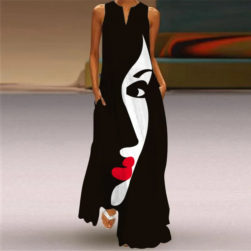 Elegant Sleeveless Women Dress Summer Vintage Print Loose Long Maxi Dresses Lady V Neck Pocket Sundress Femme Vestido Plus Size