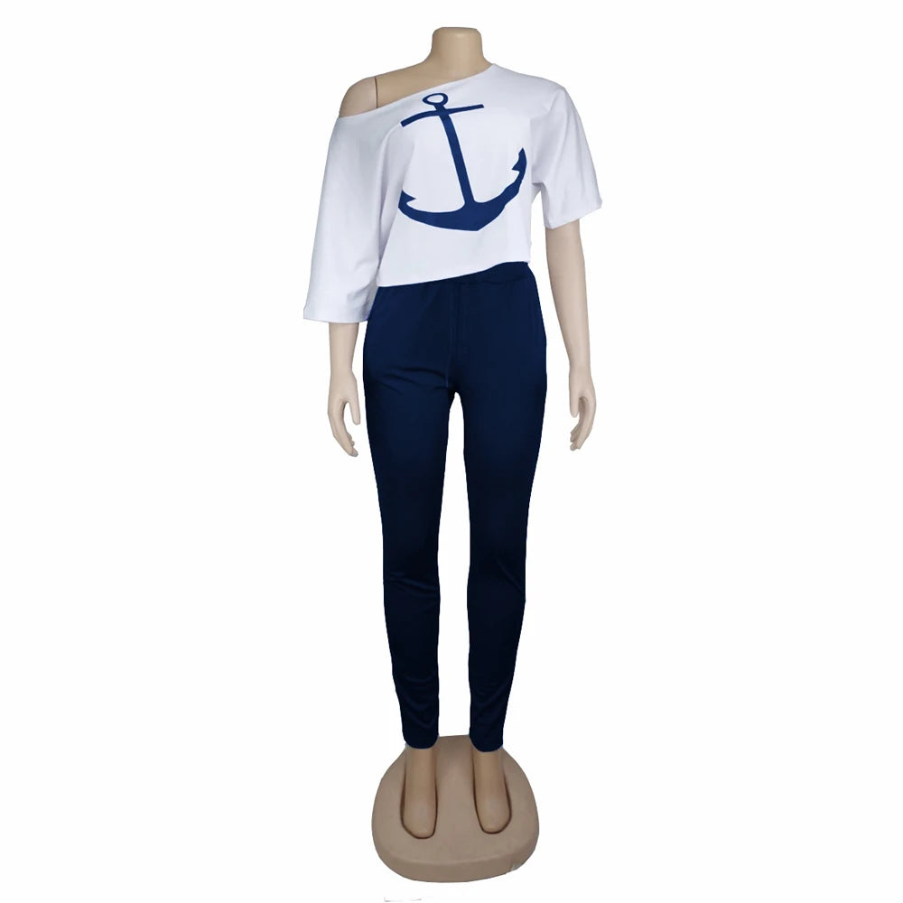 Tracksuit Women Pants Set Fashion Clothes Summer 2023 Boat Anchor Print Patchwork Casual Stretch Bodycon Two Piece Matching