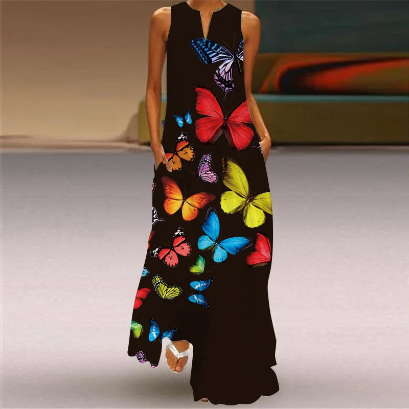 Elegant Sleeveless Women Dress Summer Vintage Print Loose Long Maxi Dresses Lady V Neck Pocket Sundress Femme Vestido Plus Size