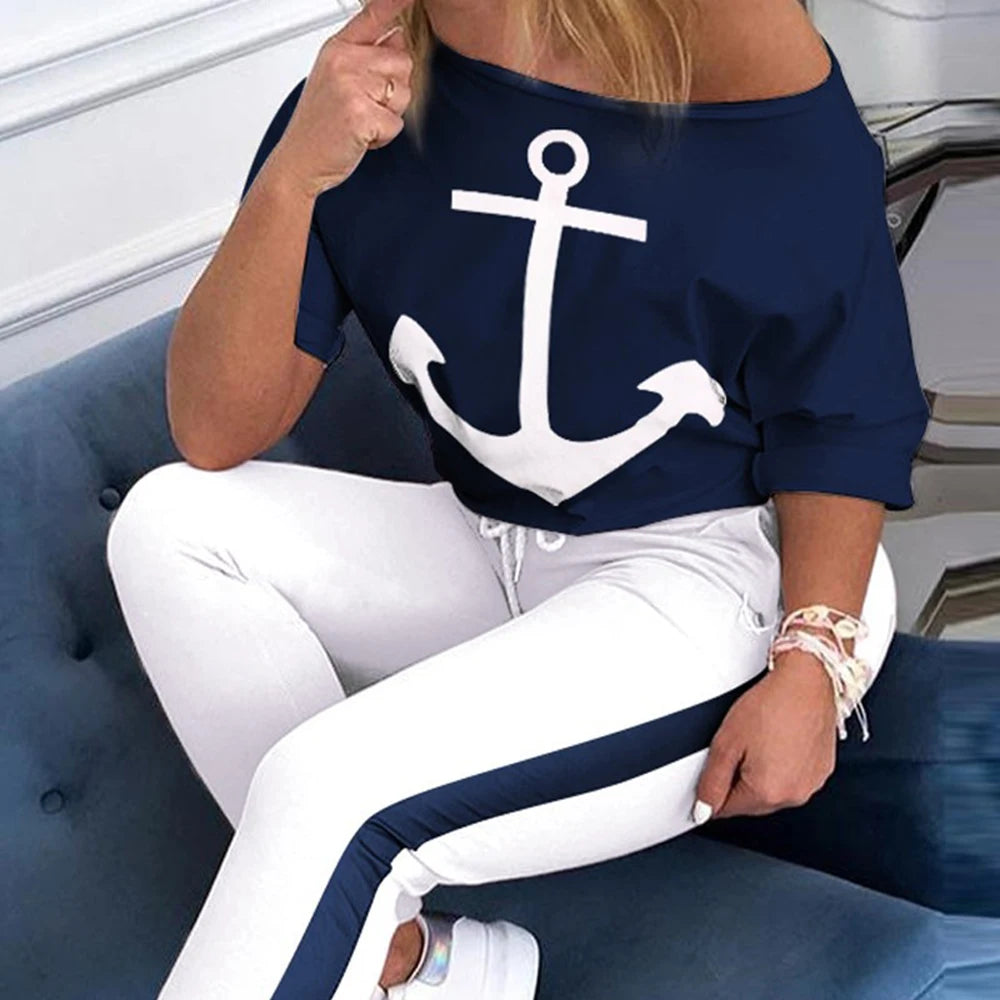 Tracksuit Women Pants Set Fashion Clothes Summer 2023 Boat Anchor Print Patchwork Casual Stretch Bodycon Two Piece Matching