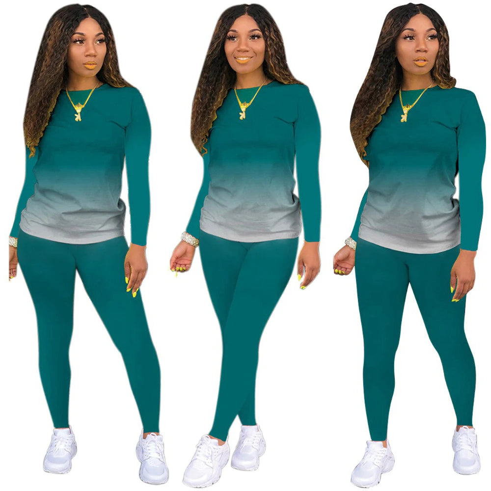 2025 Women's Casual Two-Piece Suit, Gradual Change Long Sleeved Trousers Sports Trend