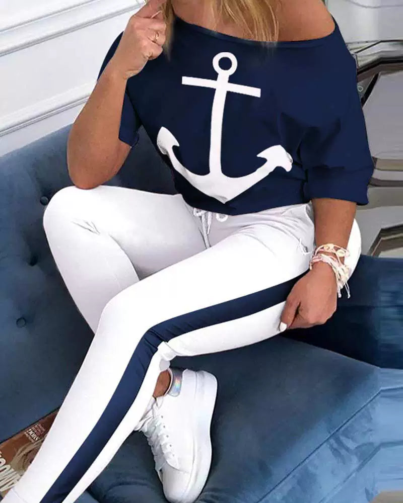 Tracksuit Women Pants Set Fashion Clothes Summer 2023 Boat Anchor Print Patchwork Casual Stretch Bodycon Two Piece Matching