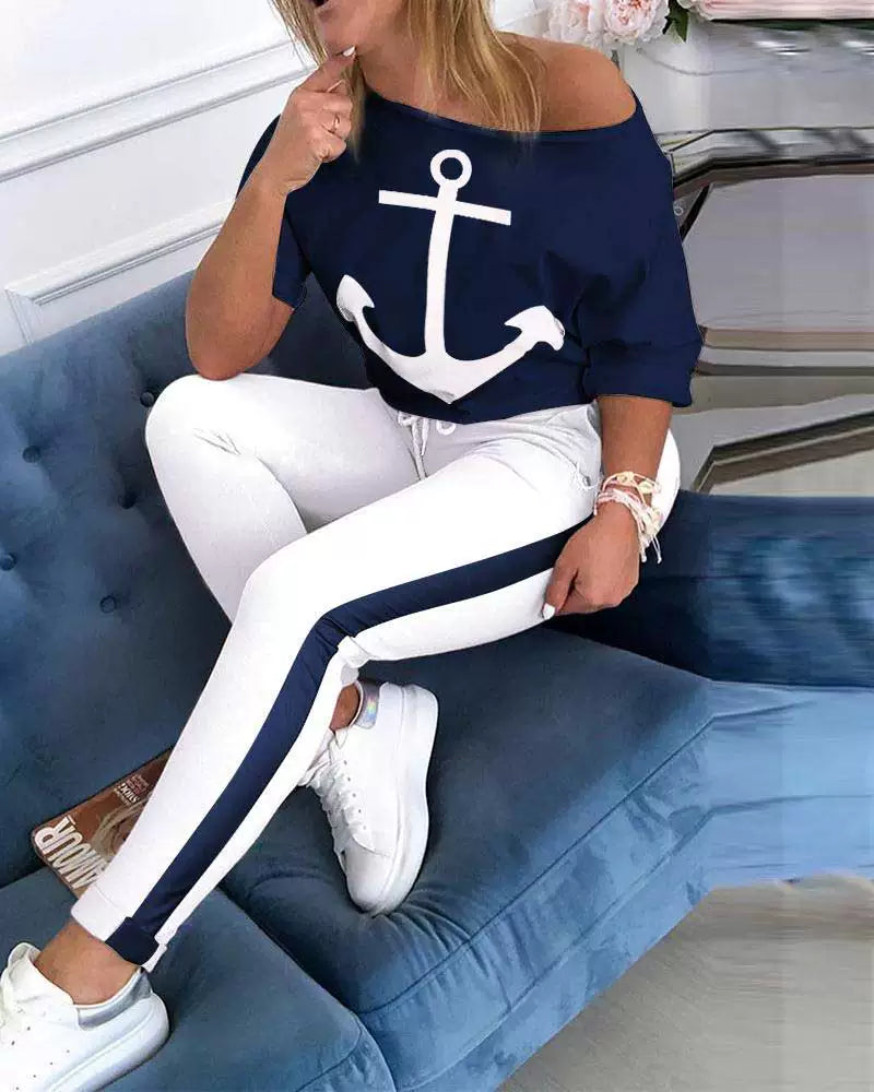 Tracksuit Women Pants Set Fashion Clothes Summer 2023 Boat Anchor Print Patchwork Casual Stretch Bodycon Two Piece Matching