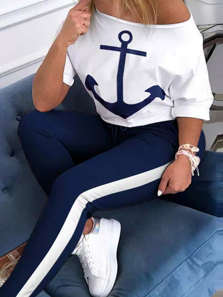 Tracksuit Women Pants Set Fashion Clothes Summer 2023 Boat Anchor Print Patchwork Casual Stretch Bodycon Two Piece Matching