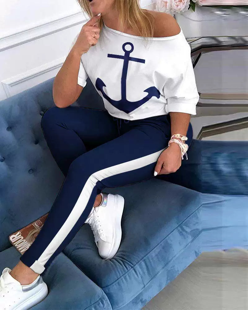 Tracksuit Women Pants Set Fashion Clothes Summer 2023 Boat Anchor Print Patchwork Casual Stretch Bodycon Two Piece Matching