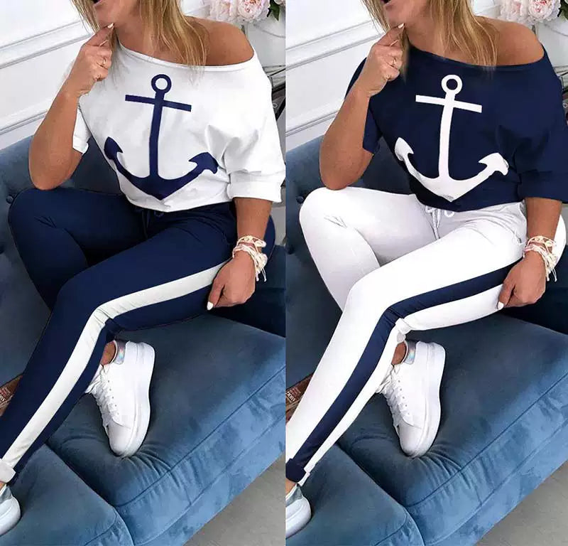 Tracksuit Women Pants Set Fashion Clothes Summer 2023 Boat Anchor Print Patchwork Casual Stretch Bodycon Two Piece Matching