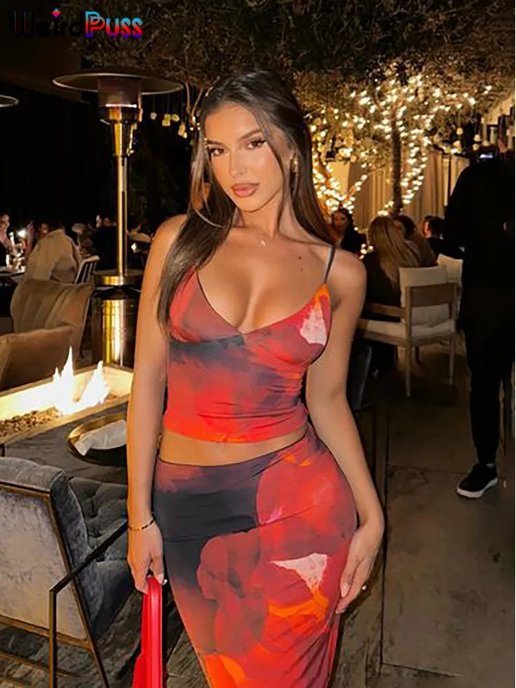 nibber Tie-Dye Print 2 Piece Set Women Summer Y2K Fashion Hipster Elegant V-Neck Camisole+Maxi Skirts Matching Streetwear outfit