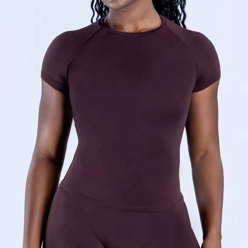 Short Sleeve Yoga Top Round Neck Seamless Gym Shirt for Woman High Stretch Fitted Sports Running T Shirts Workout Clothes