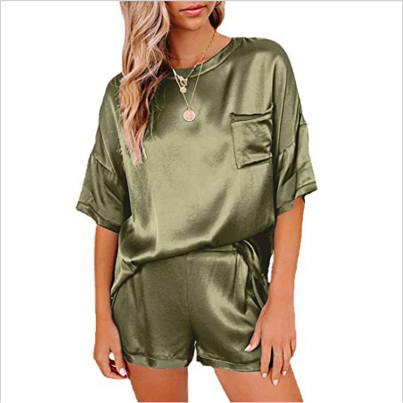 2024 European and American Spring New Solid Color Silk Like Pajamas Home Furnishing Short Sleeve Shorts Irregular Two Piece Set