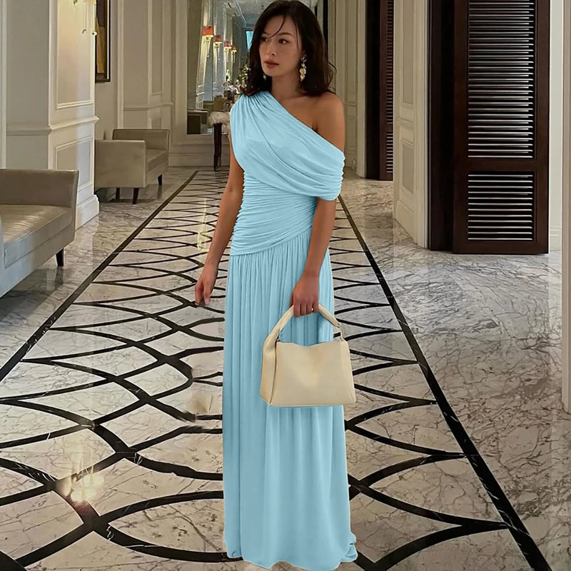 Hugcitar One Shoulder Ruched Sleeveless Solid Pleated Sexy Irregular Y2K Maxi Dress Summer Elegant Party Women Clothes Vacation