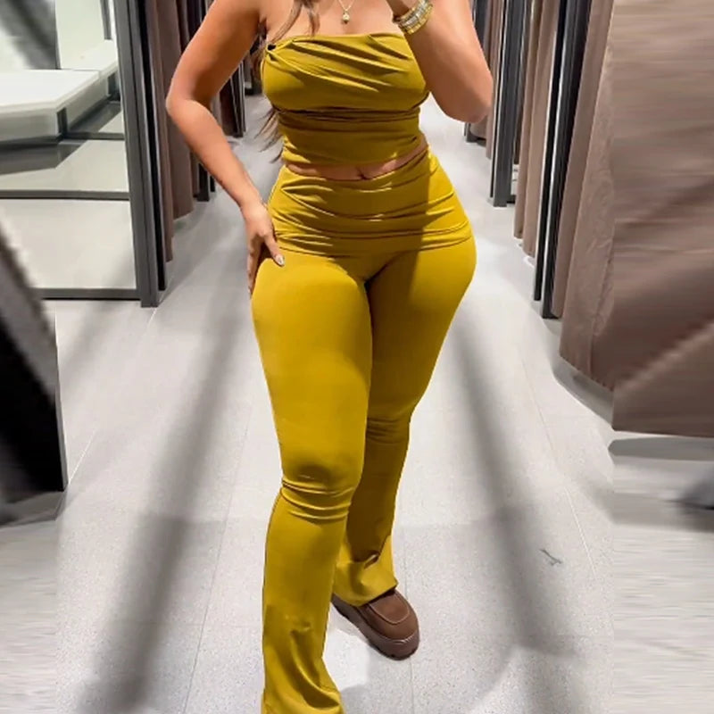 HXAO Olive Green Slim Pant Sets Women's Two Pieces Set Crop Off Shoulder Ruffled Tube Top Outfits Mid Waist Flares Trousers Sets