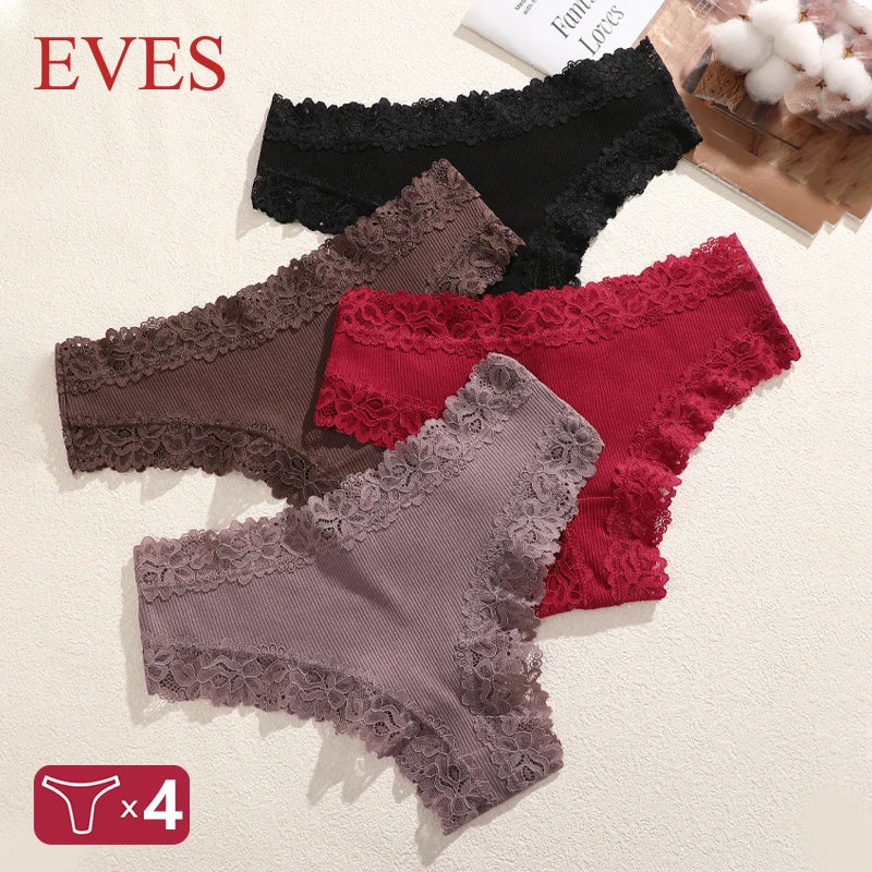 4PCS/Set Cotton Floral Lace Underpants for Women Sexy Striped Low-Waist Panties Girls Comfortable Briefs Trendy T-back Lingerie
