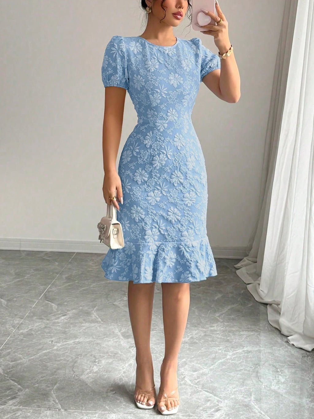 Women PuffSleeve CrewNeck LightBlue FloralJacquard RuffleHem BodyconMidi Dress Elegant Vacay Summer BeachBrunch Stretchy Dress