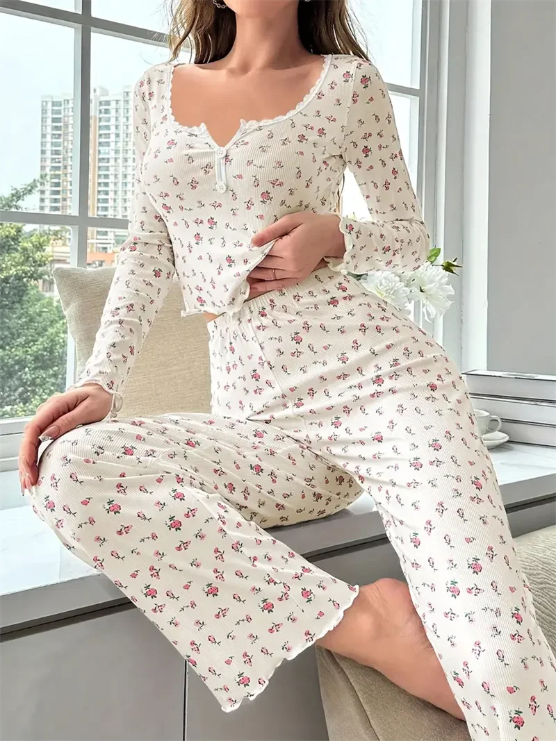 4 Size Choose S M L XL  Apricot Ditsy Floral Women Homewear Set Soft Pajama Set Long Sleeve Top and Pants Loungewear Sleepwear T