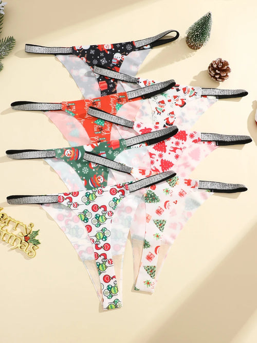 5PCS/Lot Seamless Ice Silk Thongs Women's Christmas Theme Underwear Sexy Rhinestone Waist Panties Santa Claus Printed Lingerie
