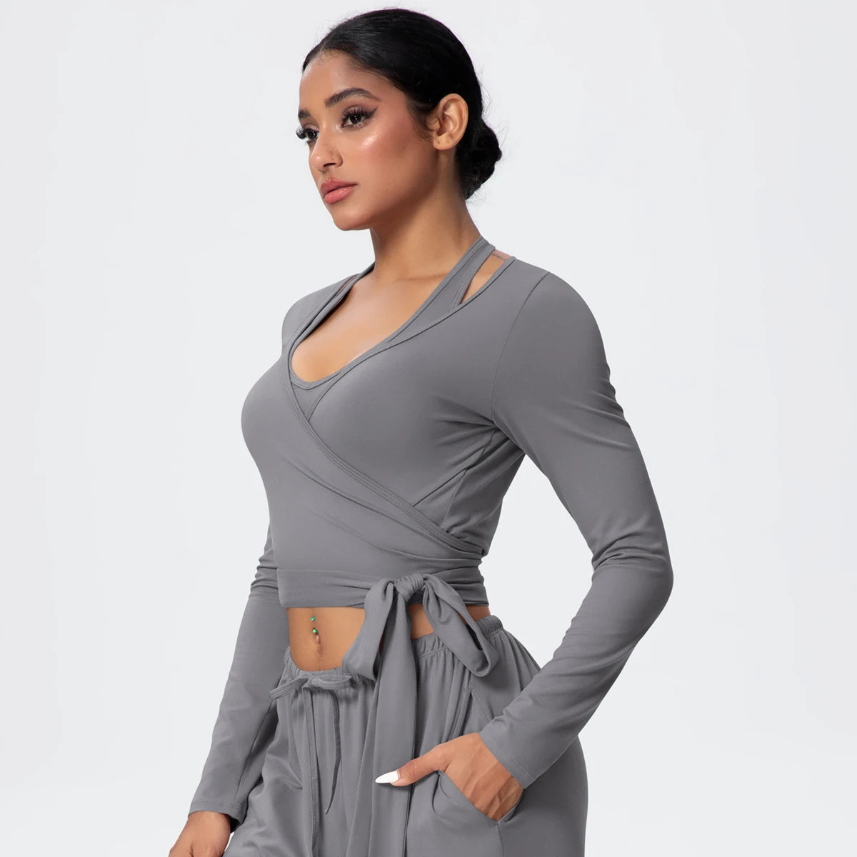 Women Slim Breathable Sports Top Women Active Wear Sports Yoga Long Sleeved Solid Color Running Shirts Straps Design Yoga Top