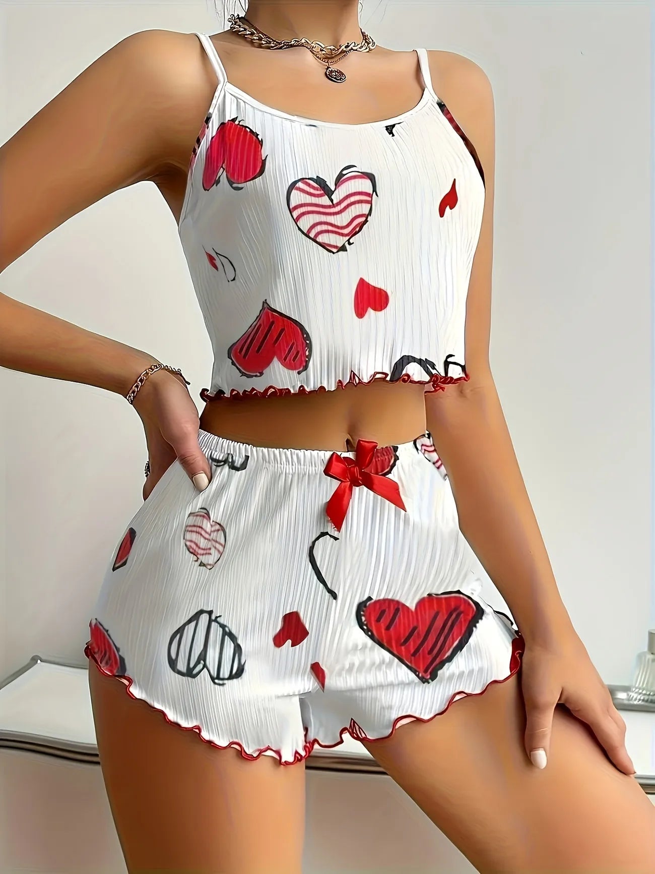 Women Heart Print Pajama Set Ribbed Cami Top and Shorts Sleepwear Lightweight Breathable Loungewear Homewear 2PCS
