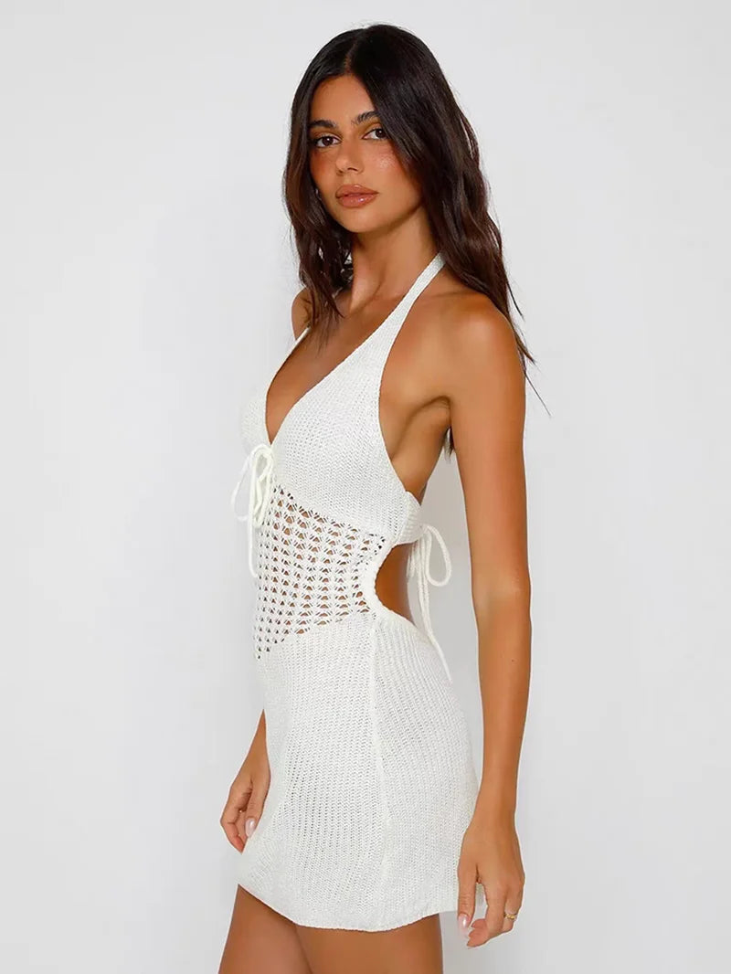Summer Beach Style Women Backless Sexy Hollow Out V-neck Halter Lace-up Dress Fashion Sleeveless Knitted Dresses