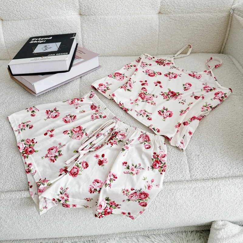 Summer Printed Cami Sleeveless Top and Shorts Pajama Sets For Women Sexy Leisure Adjustable Belt Loungewear Female Soft Pajama