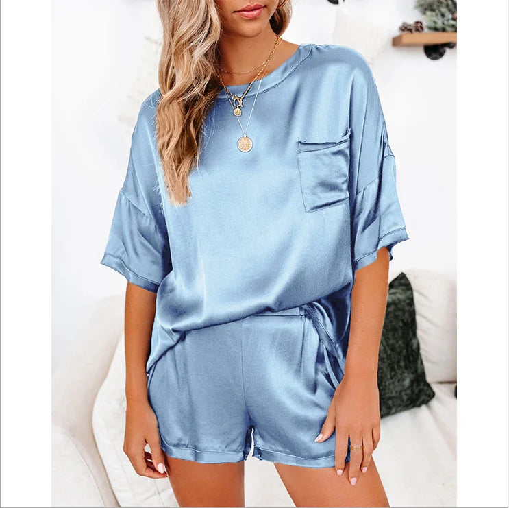 2024 European and American Spring New Solid Color Silk Like Pajamas Home Furnishing Short Sleeve Shorts Irregular Two Piece Set