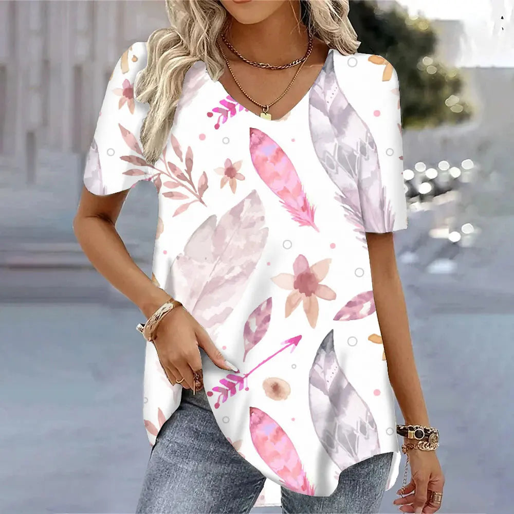 3D Butterfly Printed Short Sleeve T-shirt Korean Style Women's Clothes 2024 V-neck Short Sleeves Tees Shirt Loose Casual Blouses