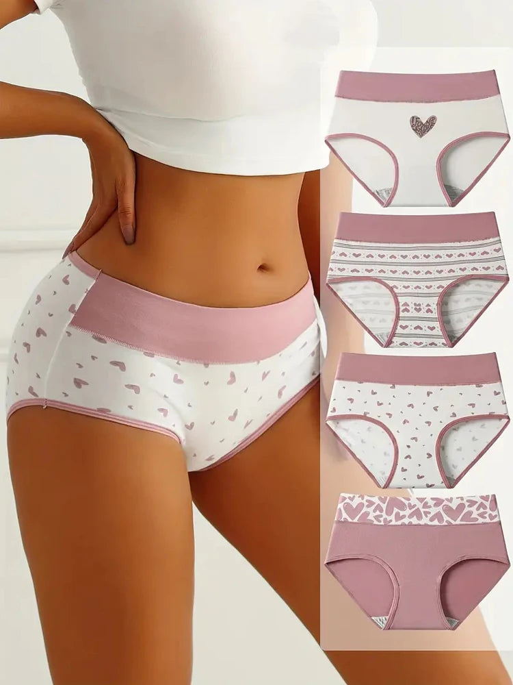 4Pcs/Set Women's Cotton Panties High Waist Printed Slim Briefs Breathable Underwear Soft Pantys Plus Size Sexy Ladies Lingerie